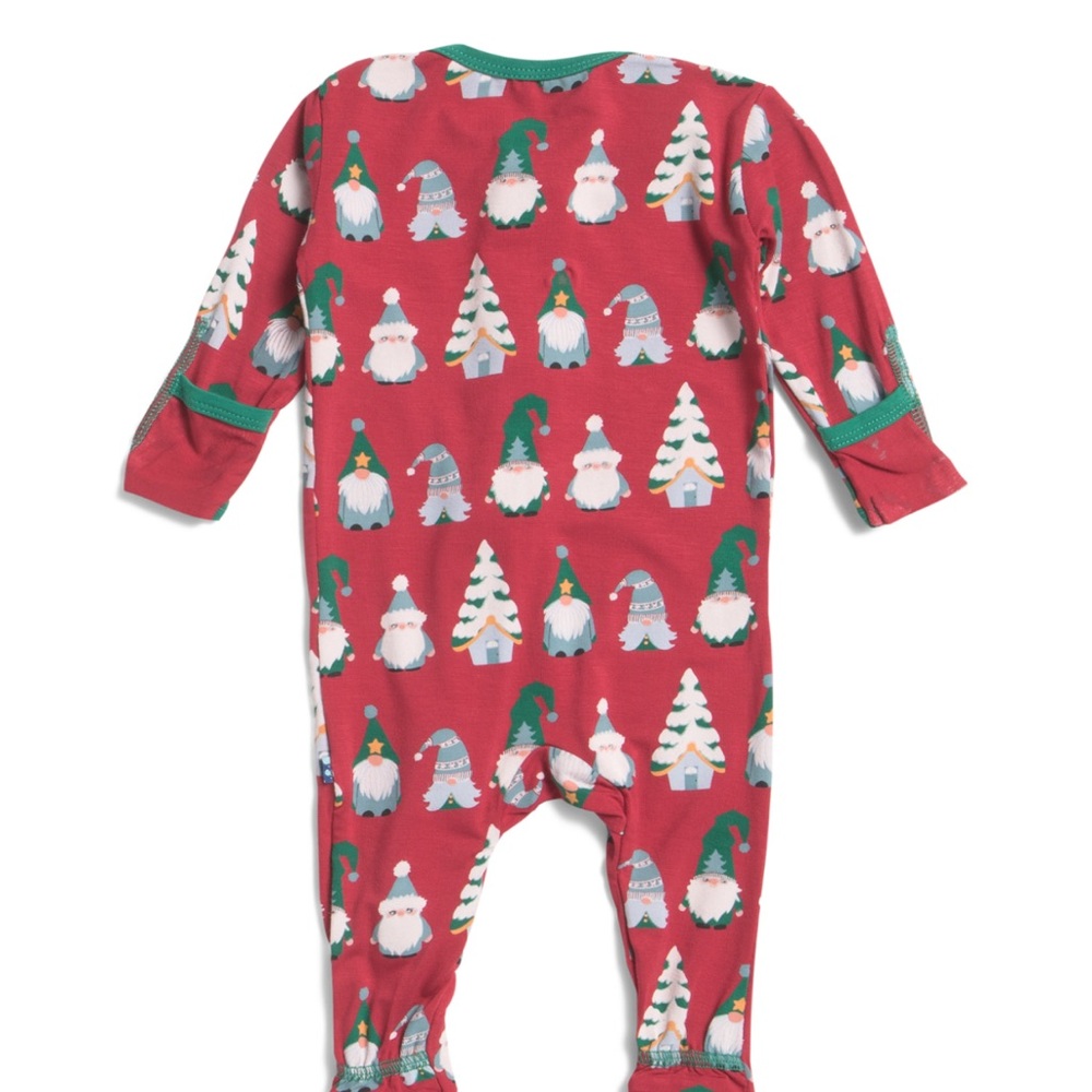 KICKEE PANTS- Infant Boys Gnomes Print Footie With 2 Way Zipper, Crimson, NWT